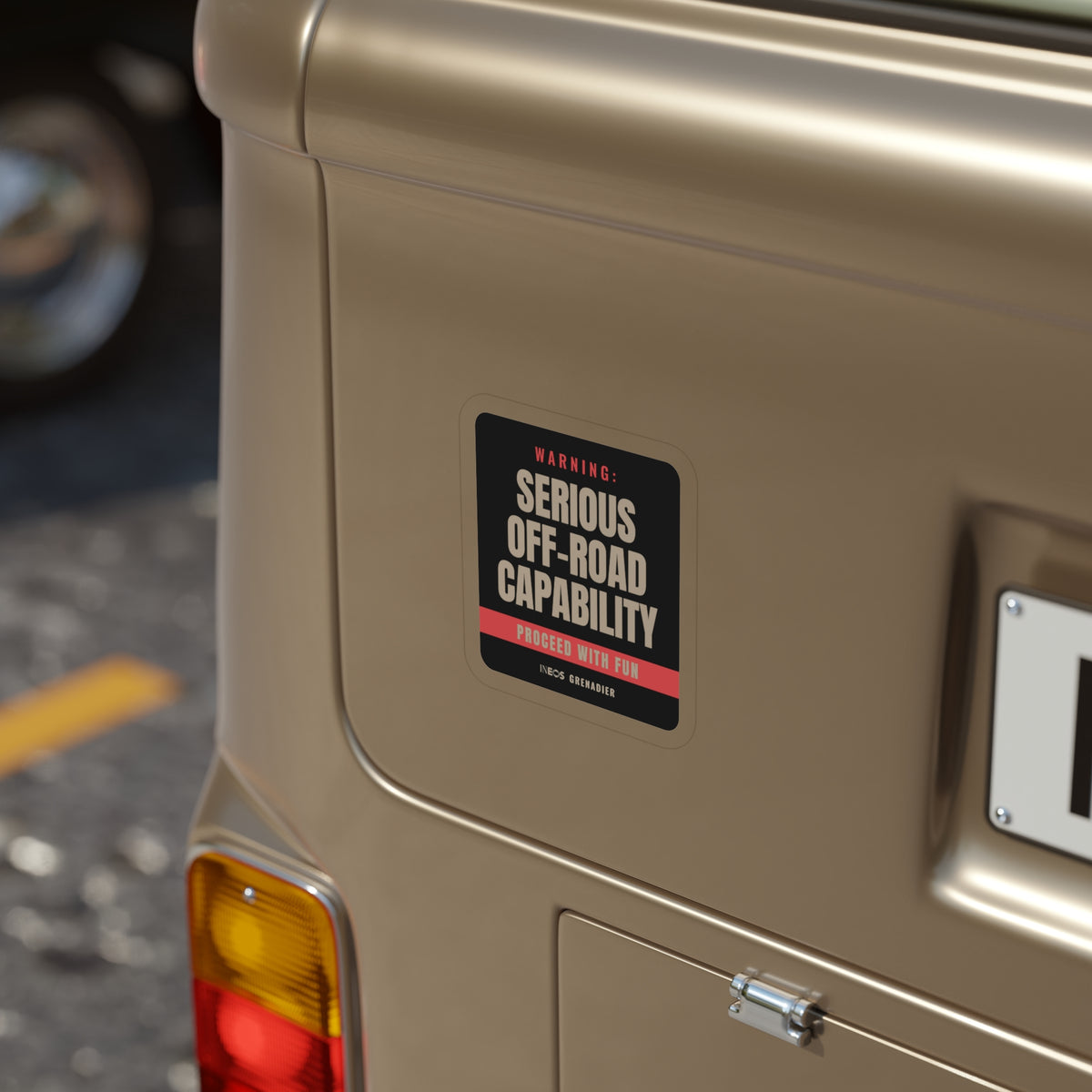 Warning: Serious Off-Road Capability die-cut sticker: a warning-label design reading WARNING: SERIOUS OFF-ROAD CAPABILITY with a red PROCEED WITH FUN band – view 8