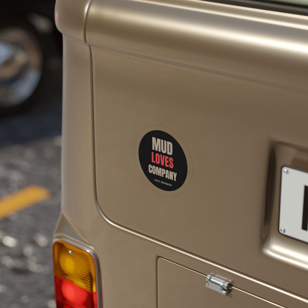 Mud Loves Company die-cut sticker: a round black badge reading MUD LOVES COMPANY with LOVES in red – view 6