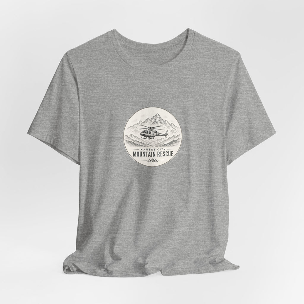 Tee with Kansas City Mountain Rescue round badge: helicopter over mountain line art – view 13