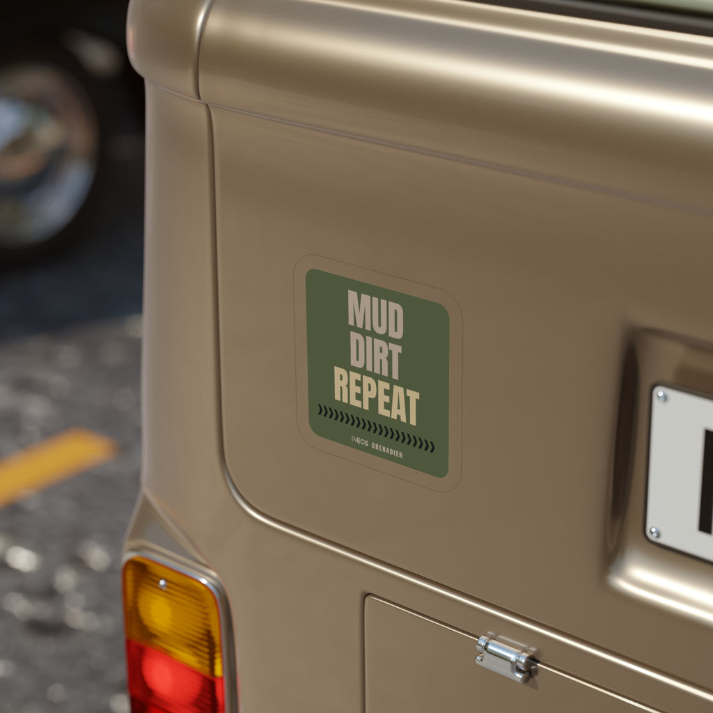 Mud. Dirt. Repeat. die-cut sticker: stacked MUD. DIRT. REPEAT. lettering over a tire-tread chevron strip on an olive green badge – view 8