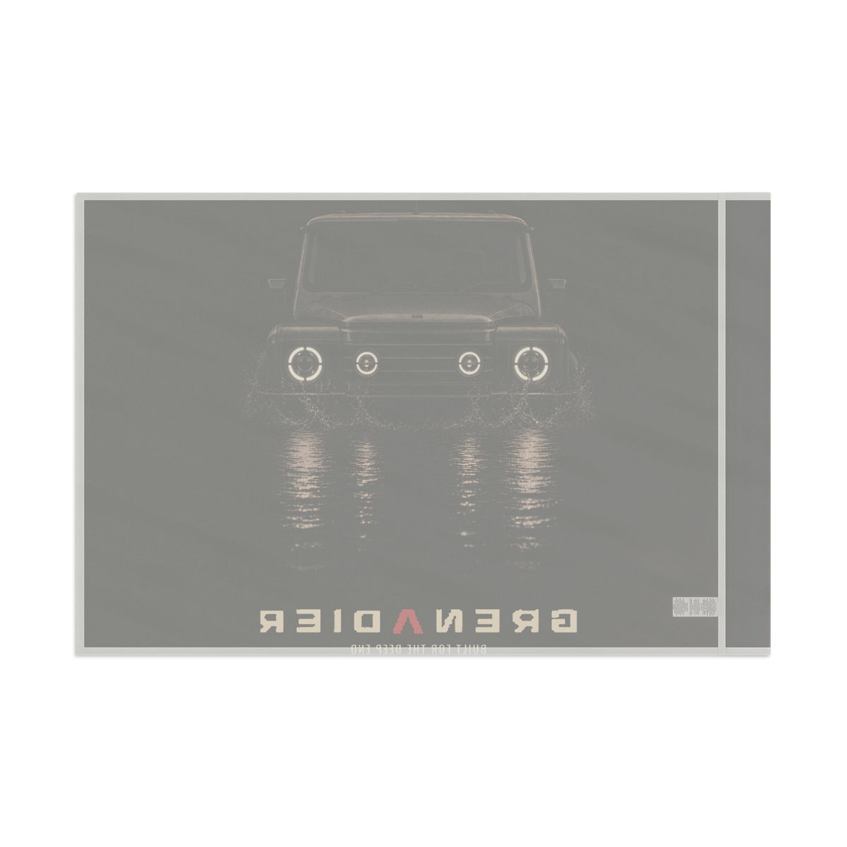 Night Wade camp flag: boxy 4x4 wading black water at night, BUILT FOR THE DEEP END lettering – view 2