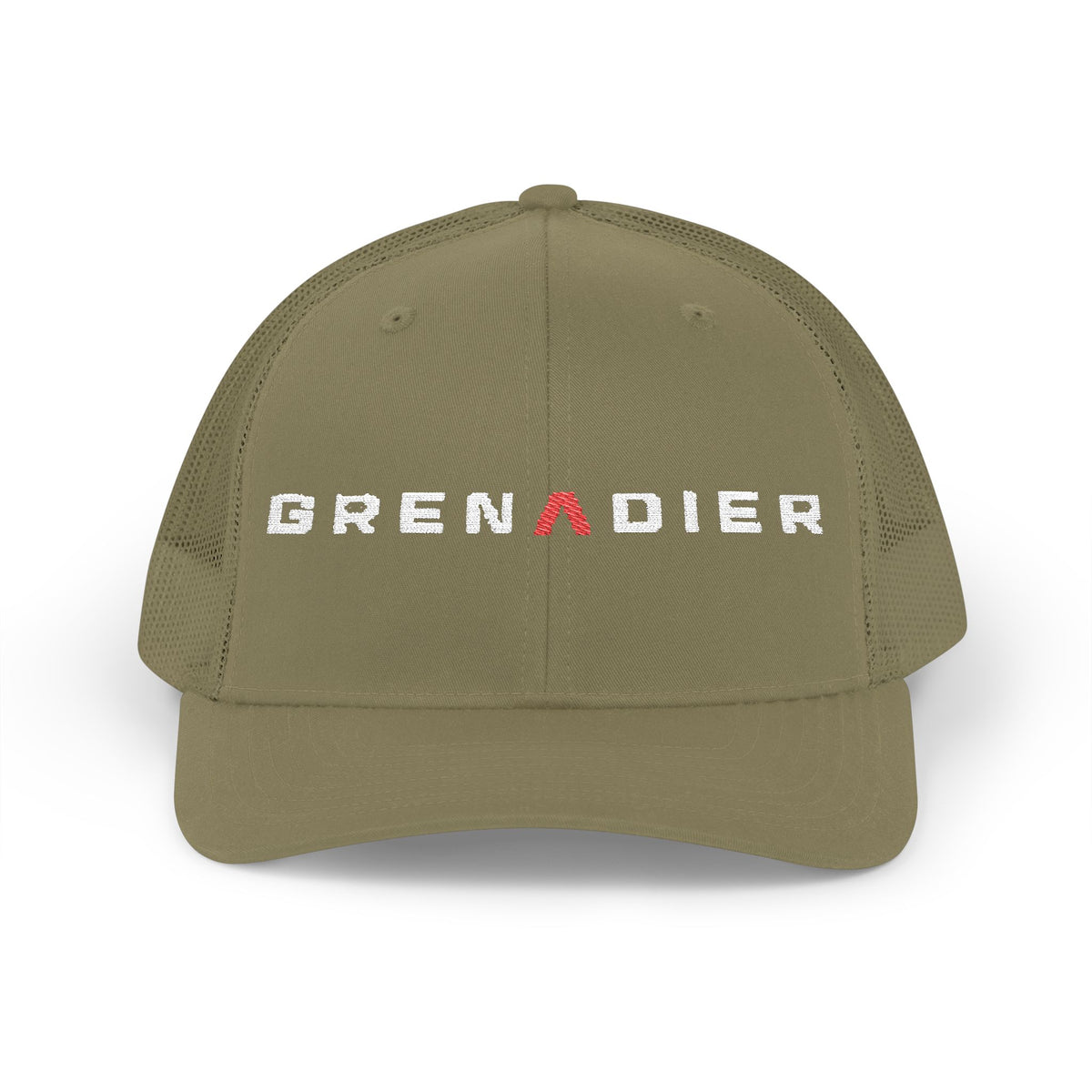 Dark snapback trucker hat with embroidered GRENADIER wordmark and red Λ, Loden