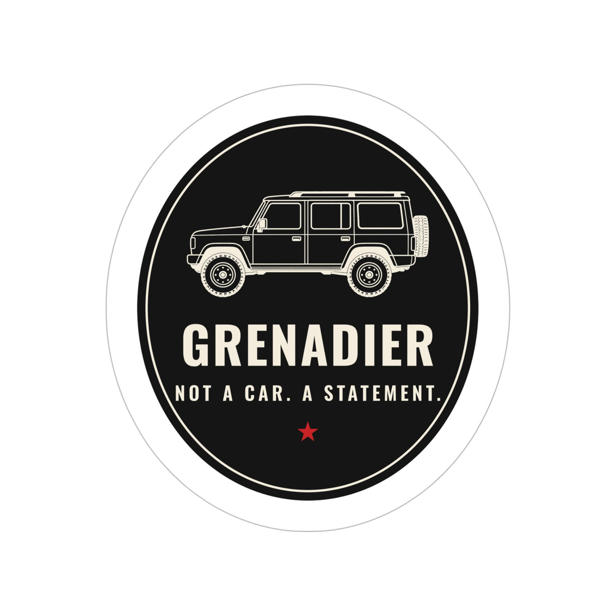 Die-cut sticker: GRENADIER with NOT A CAR. A STATEMENT. tagline