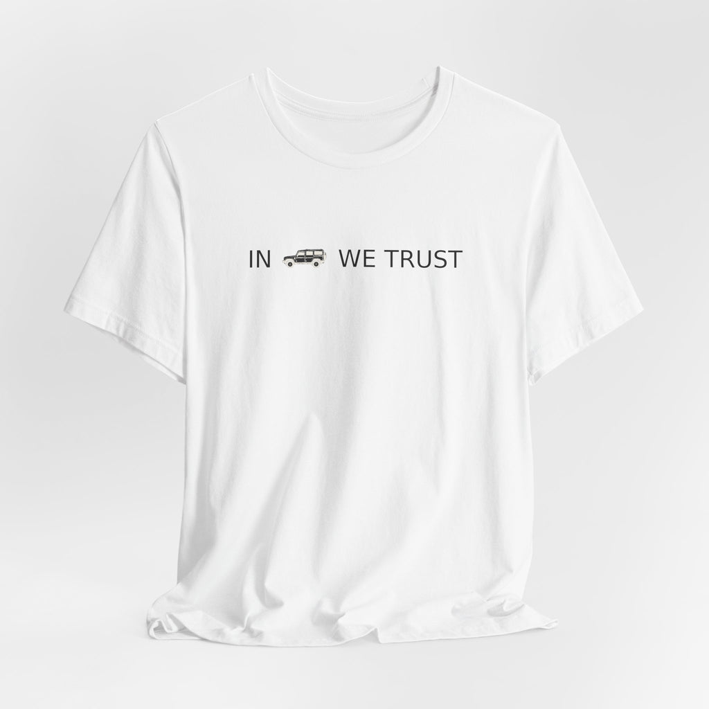 Tee with full-front IN WE TRUST lockup, side-view boxy 4x4 between the words – view 7