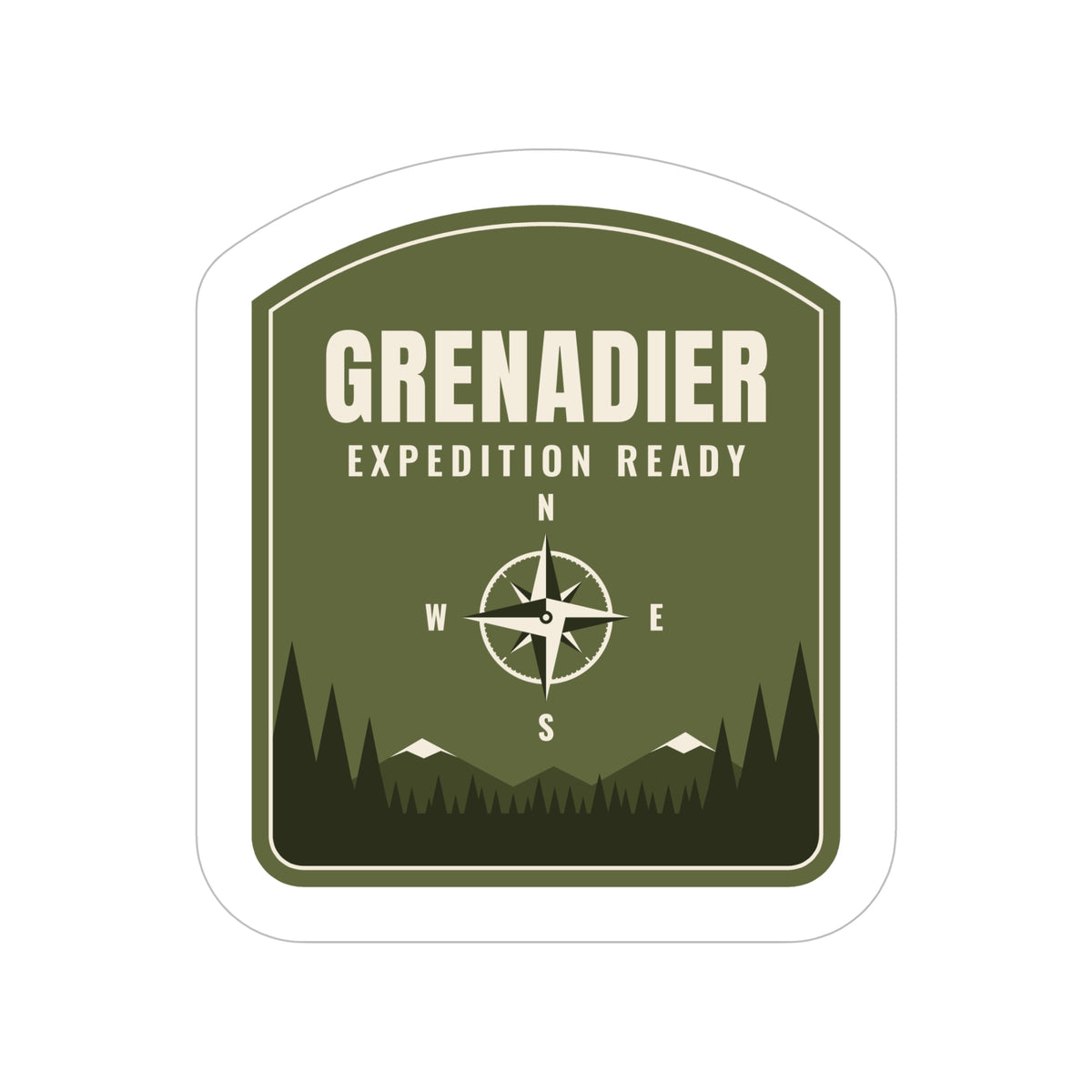 Olive green badge sticker: GRENADIER, EXPEDITION READY, compass rose over pine treeline – view 3