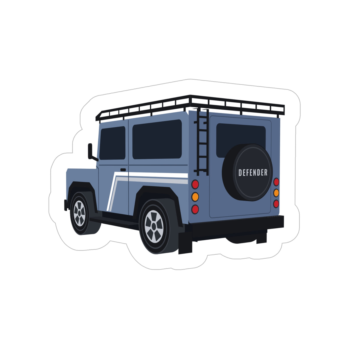 Die-cut sticker: slate-blue boxy 90 4x4, rear three-quarter view, white border