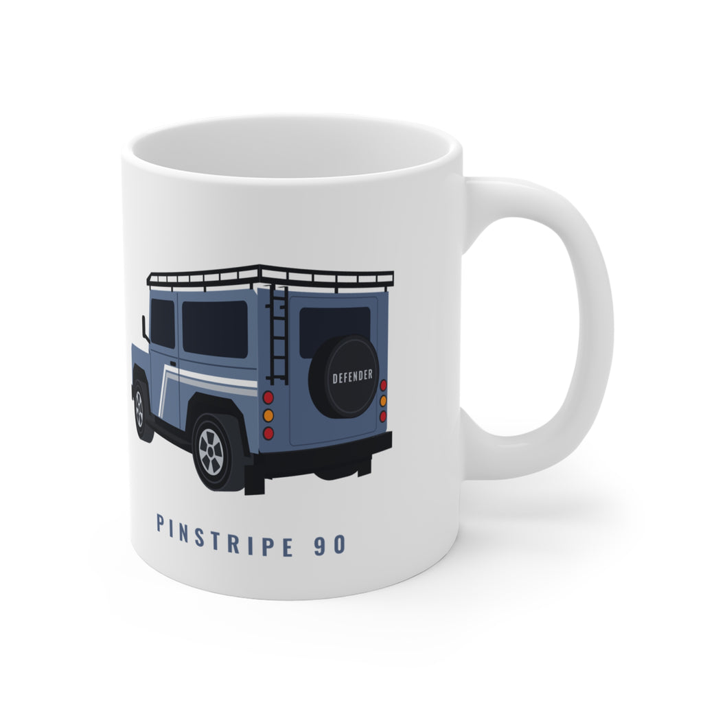White 11 oz mug: slate-blue boxy 90 4x4 in rear three-quarter view with roof rack; PINSTRIPE 90 lettering – view 2
