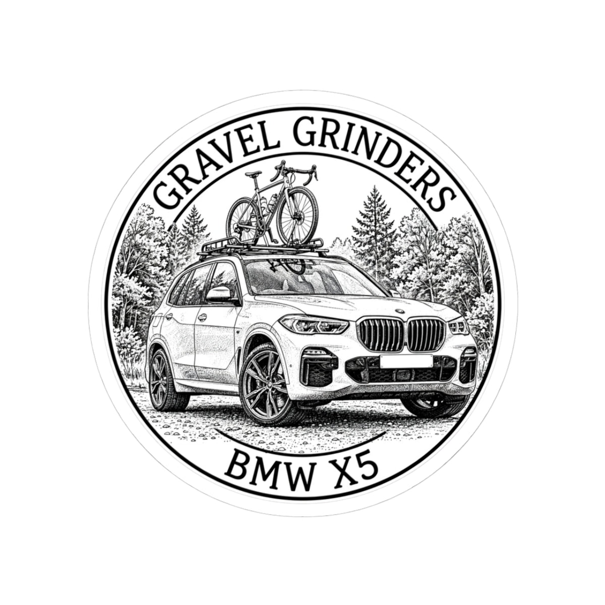 Gravel Grinders round line-art badge: luxury SUV with gravel bike on roof rack among pines – view 2