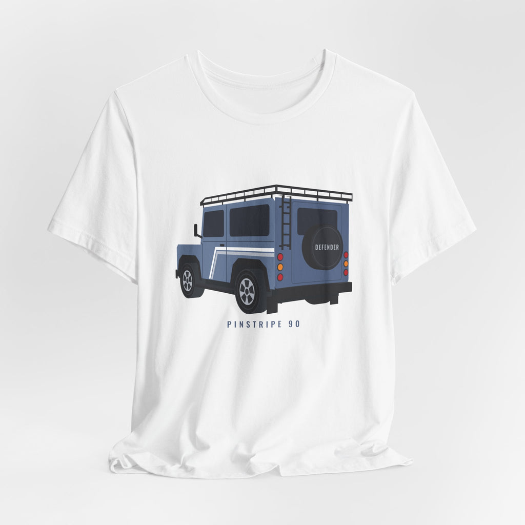 White tee, chest print: slate-blue boxy 90 4x4 in rear three-quarter view with pinstripes, roof rack, rear ladder; PINSTRIPE 90 lettering – view 3