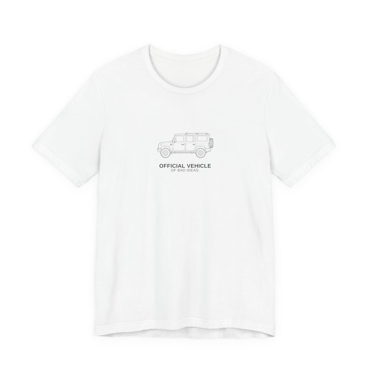 Tee with full-chest boxy 4x4 and bad-ideas joke lettering, White
