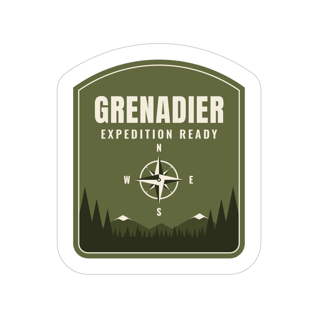 Olive green badge sticker: GRENADIER, EXPEDITION READY, compass rose over pine treeline