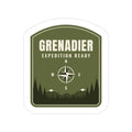 Olive green badge sticker: GRENADIER, EXPEDITION READY, compass rose over pine treeline