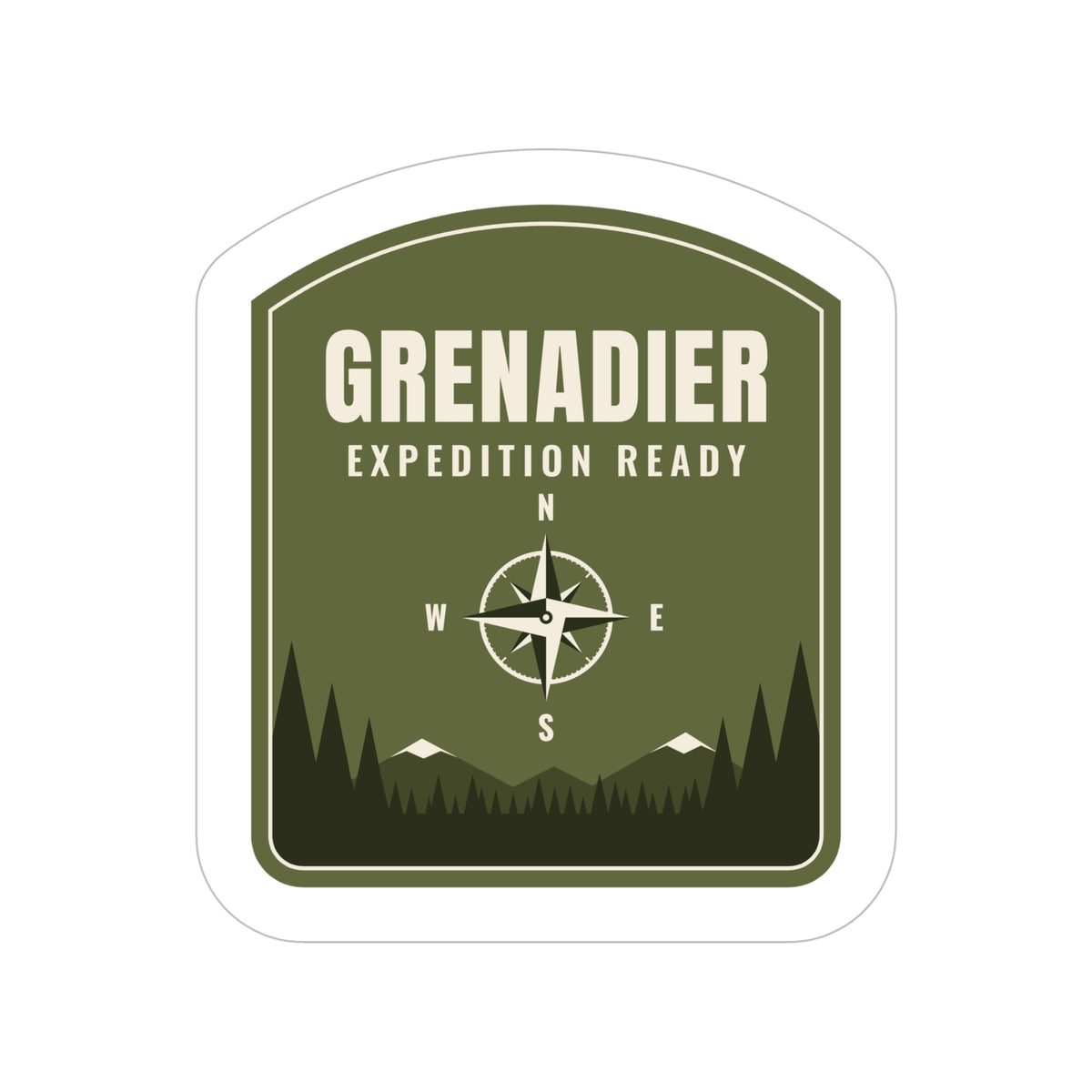 Olive green badge sticker: GRENADIER, EXPEDITION READY, compass rose over pine treeline