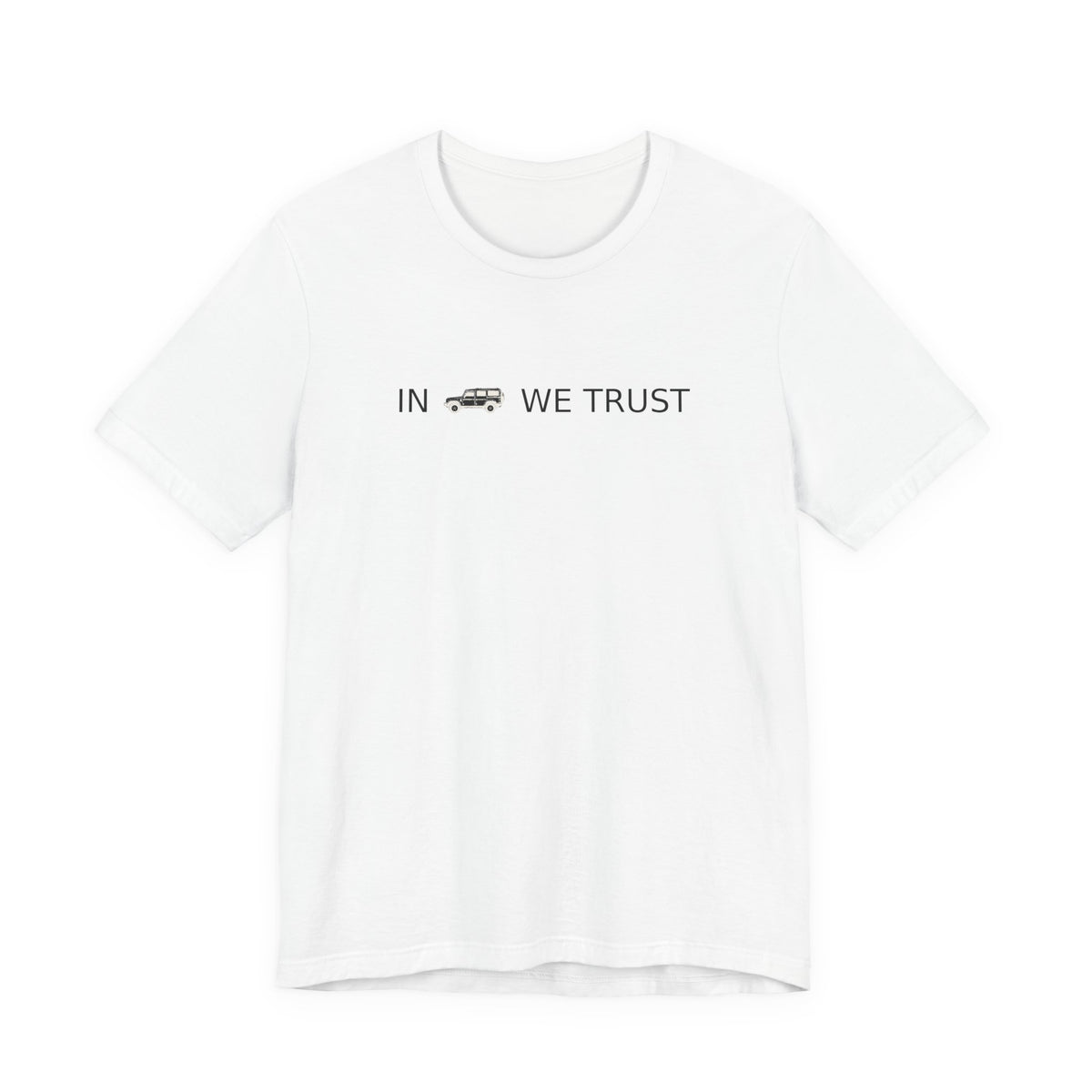 Tee with full-front IN WE TRUST lockup, side-view boxy 4x4 between the words, White
