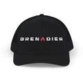 Dark snapback trucker hat with embroidered GRENADIER wordmark and red Λ, Black
