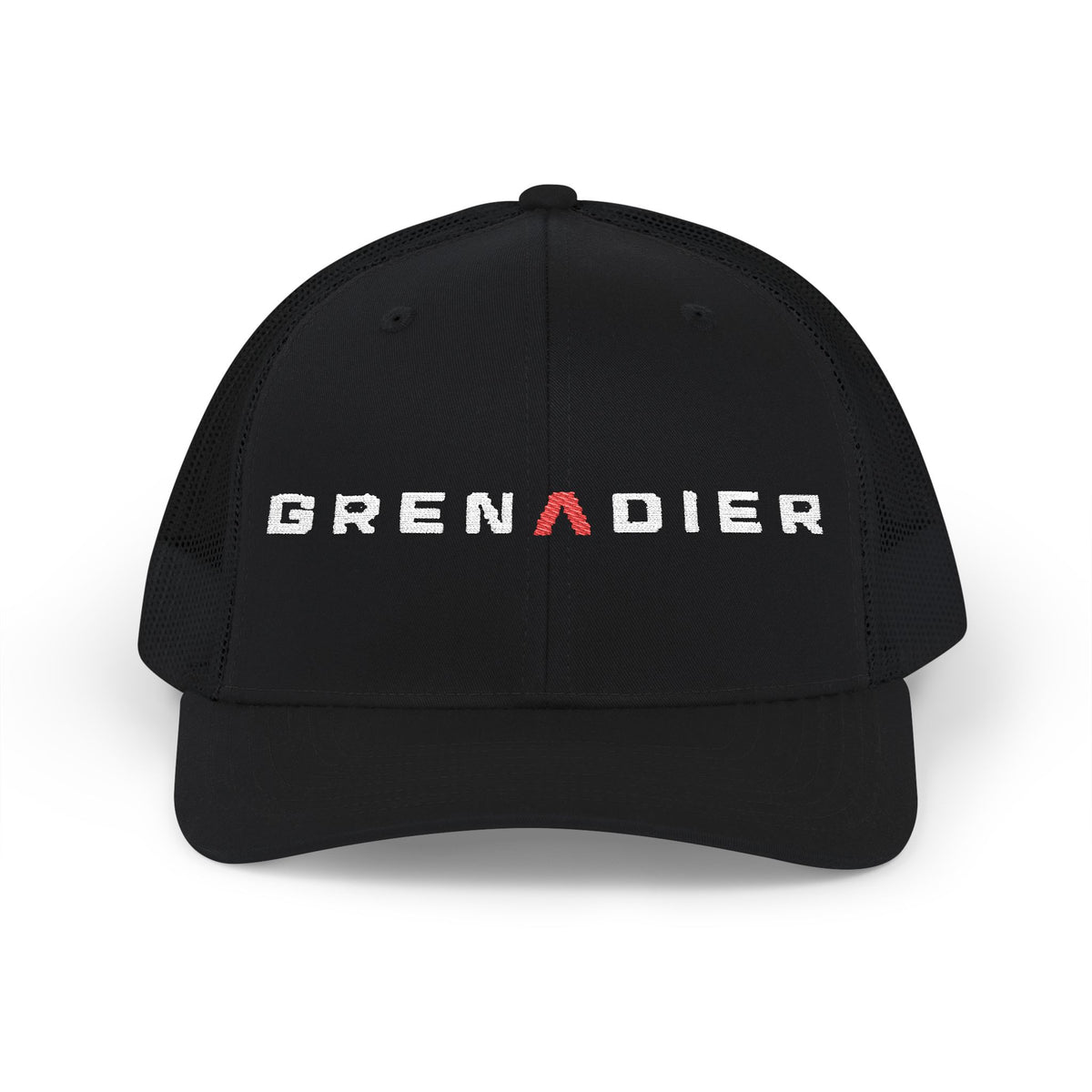 Dark snapback trucker hat with embroidered GRENADIER wordmark and red Λ, Black