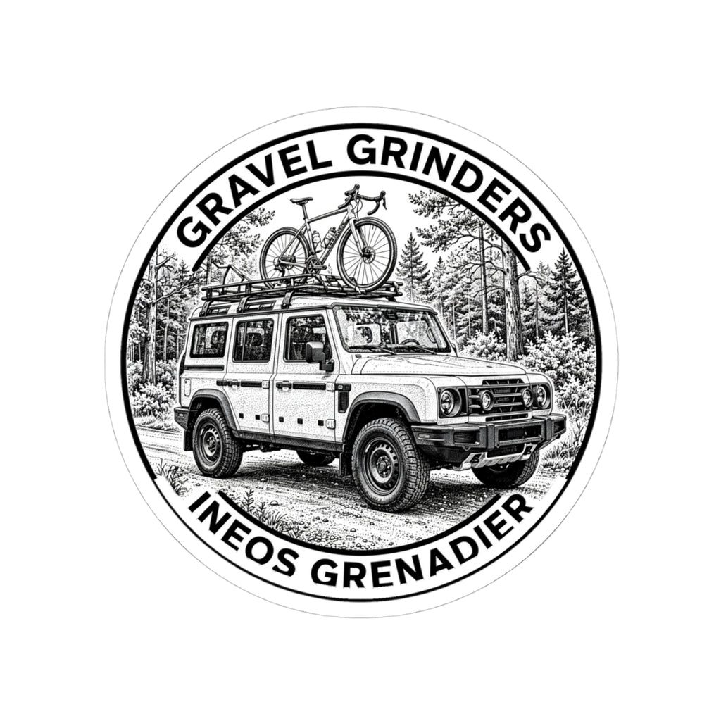 Gravel Grinders round line-art badge: boxy 4x4 with gravel bike on roof rack among pines