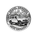 Gravel Grinders round line-art badge: boxy 4x4 with gravel bike on roof rack among pines