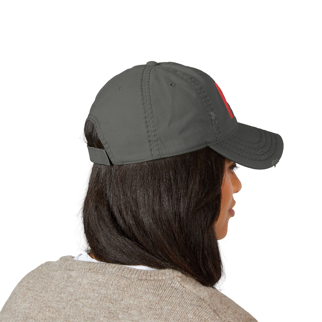 Distressed dad hat with large red Λ embroidered center front – view 5