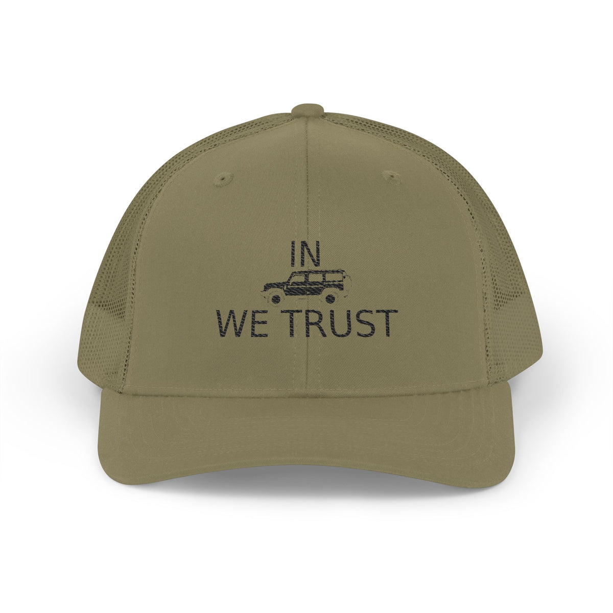 Richardson trucker hat with embroidered IN WE TRUST lockup, side-view boxy 4x4 between the words, Loden