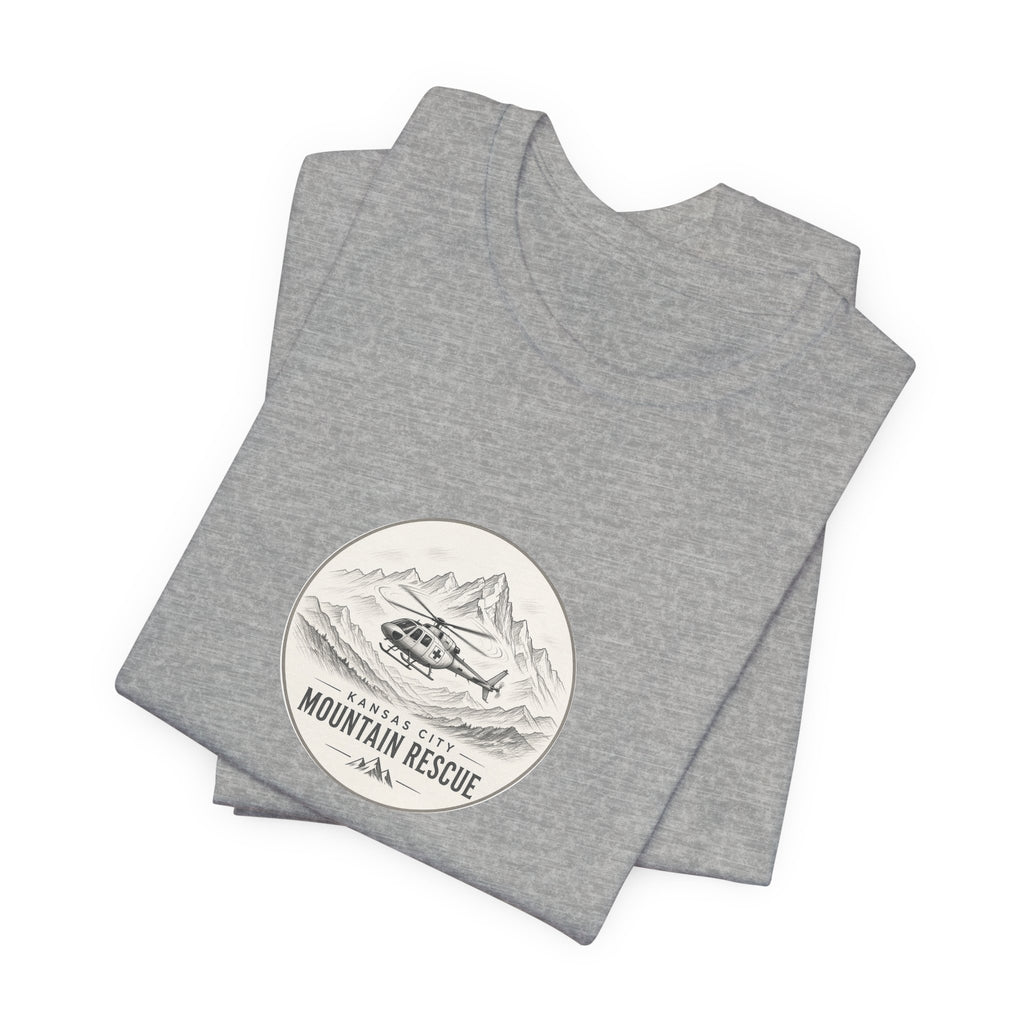 Tee with Kansas City Mountain Rescue round badge: helicopter over mountain line art – view 12