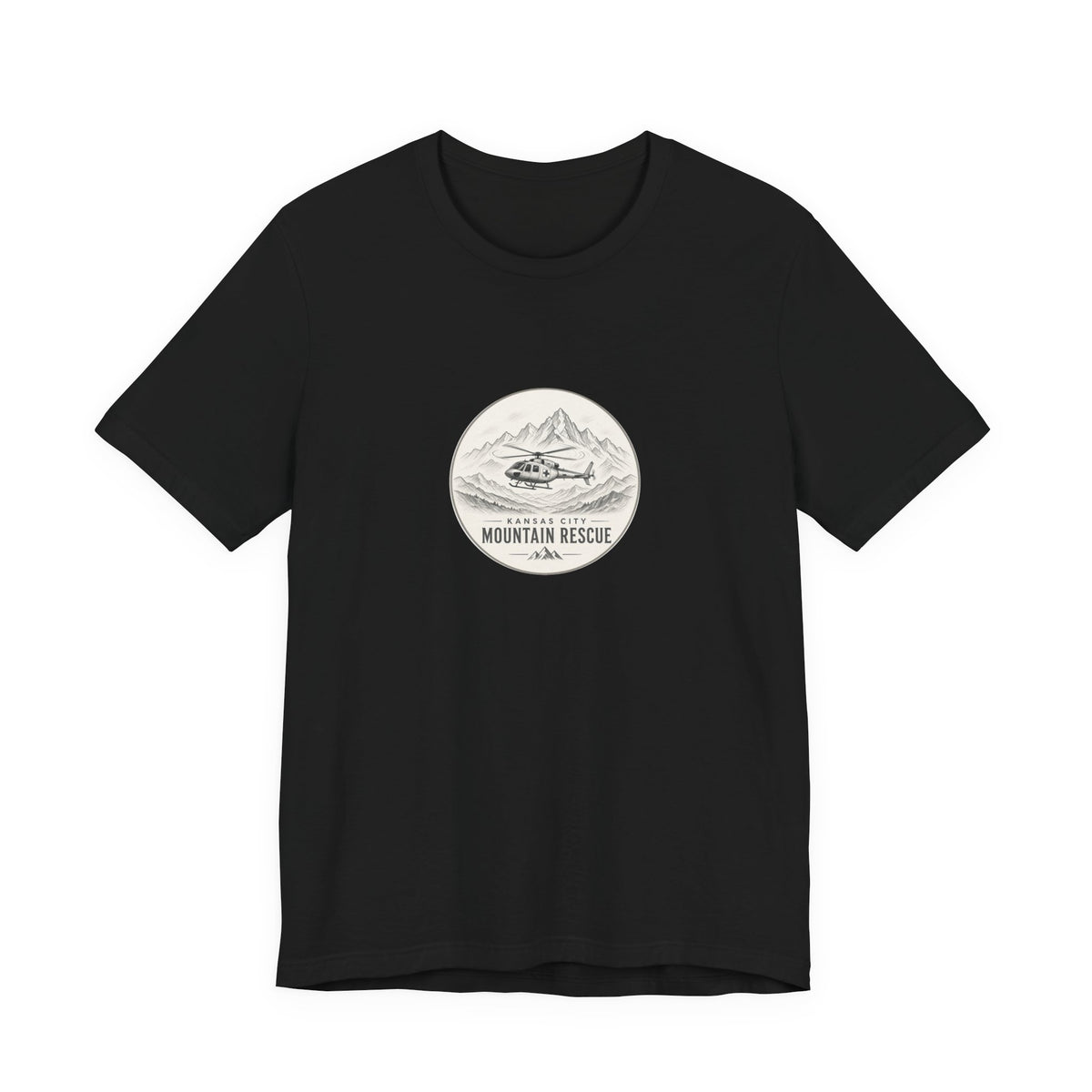 Tee with Kansas City Mountain Rescue round badge: helicopter over mountain line art, Black