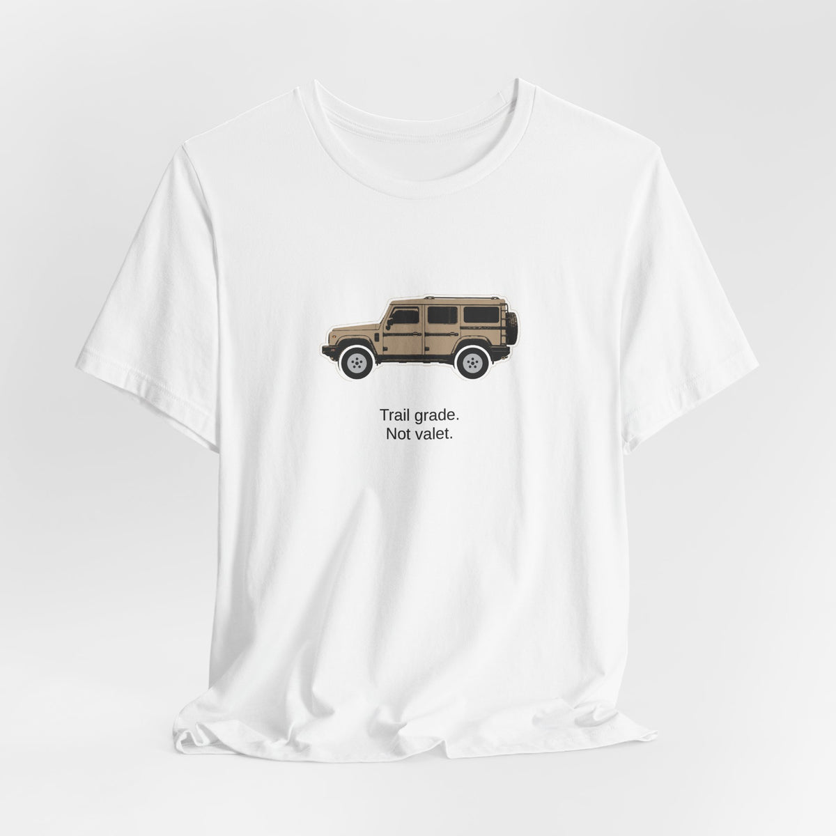 Tee: Magic Mushroom boxy 4x4 in side profile on white field, "Trail grade. Not valet." lettering under the truck – view 4