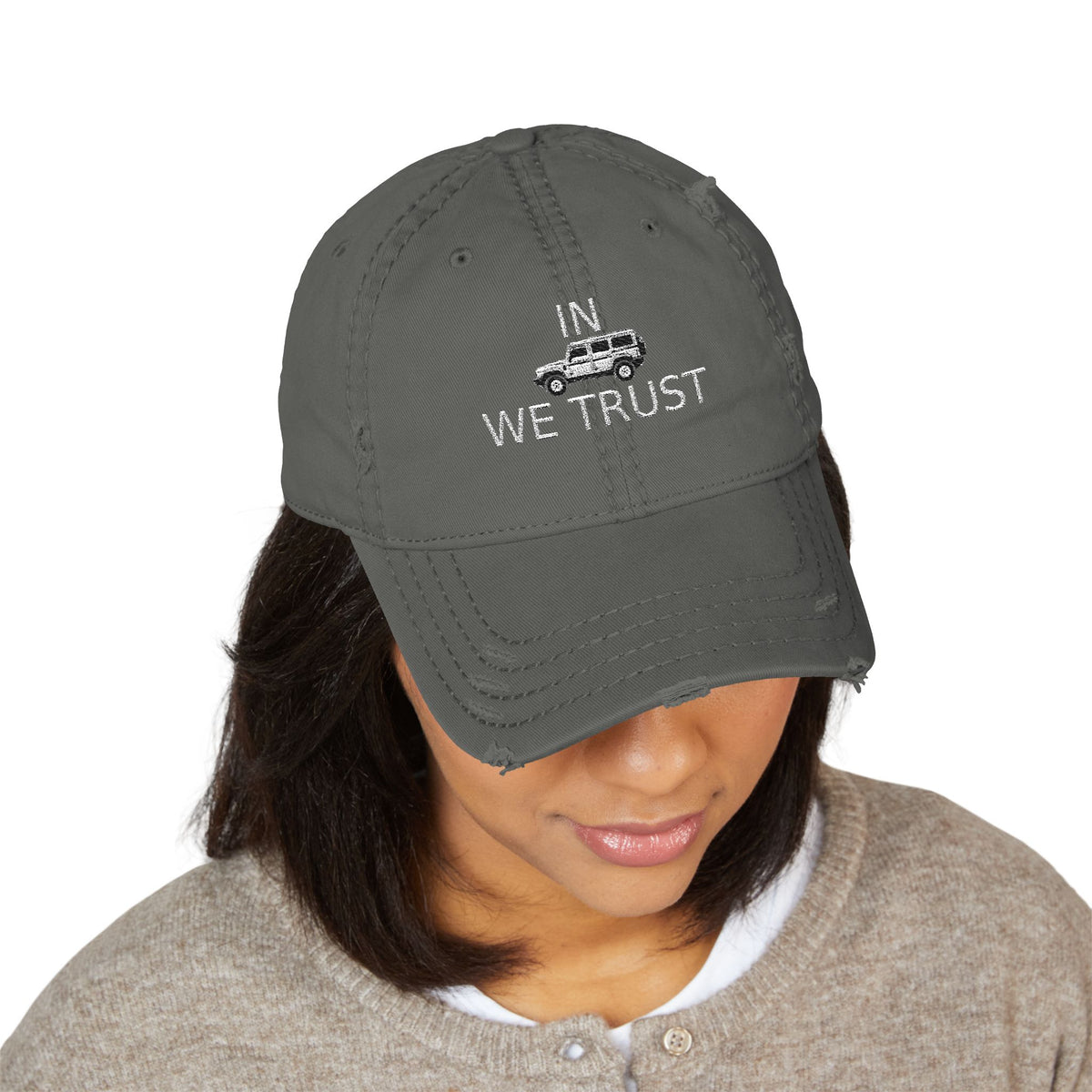 Distressed dad hat with embroidered IN WE TRUST lockup, side-view boxy 4x4 – view 5