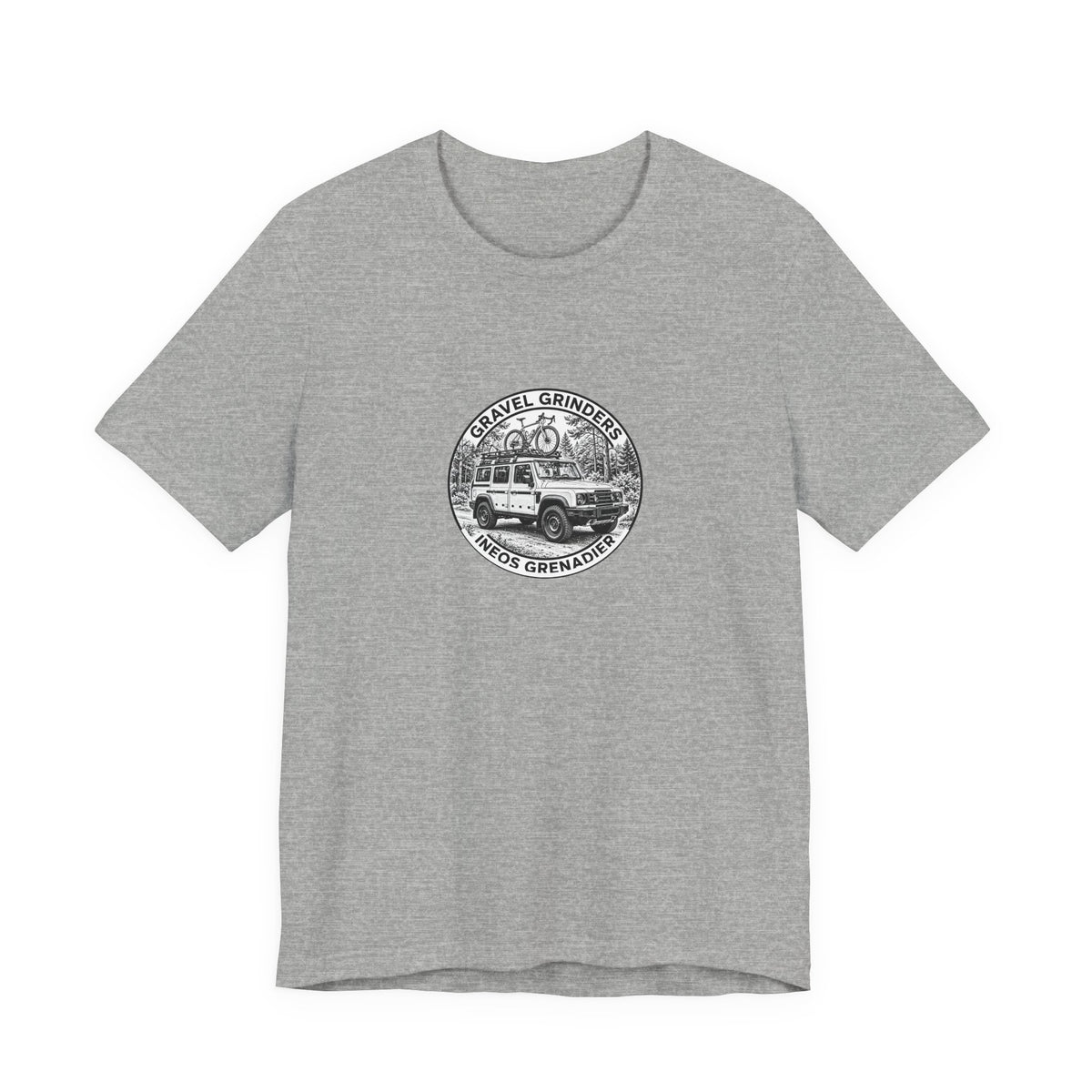 Gravel Grinders round line-art badge: boxy 4x4 with gravel bike on roof rack among pines on tee, Athletic Heather