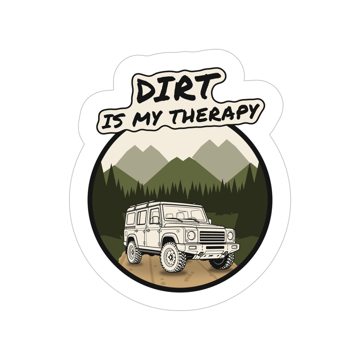 Die-cut trail sticker reading DIRT IS MY THERAPY with GRENADIER lettering