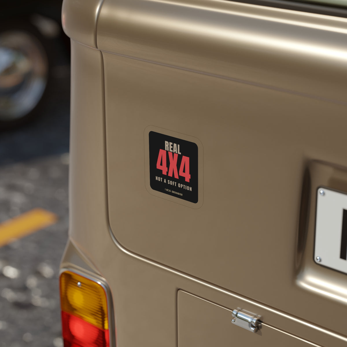 Real 4x4 / Not a Soft Option die-cut sticker: a big red 4X4 under REAL, with a NOT A SOFT OPTION tagline on a black badge – view 4