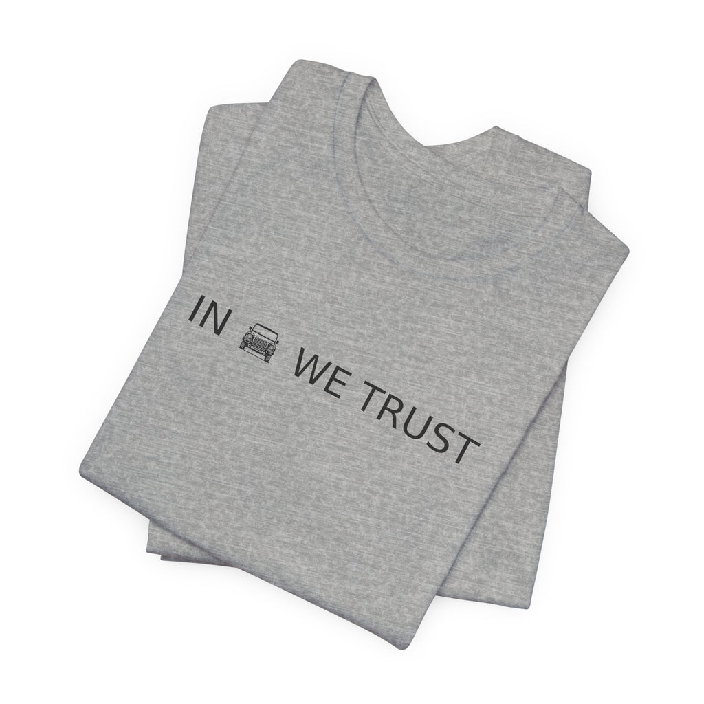 Tee with full-front IN WE TRUST lockup, front-view boxy 4x4 between the words – view 12