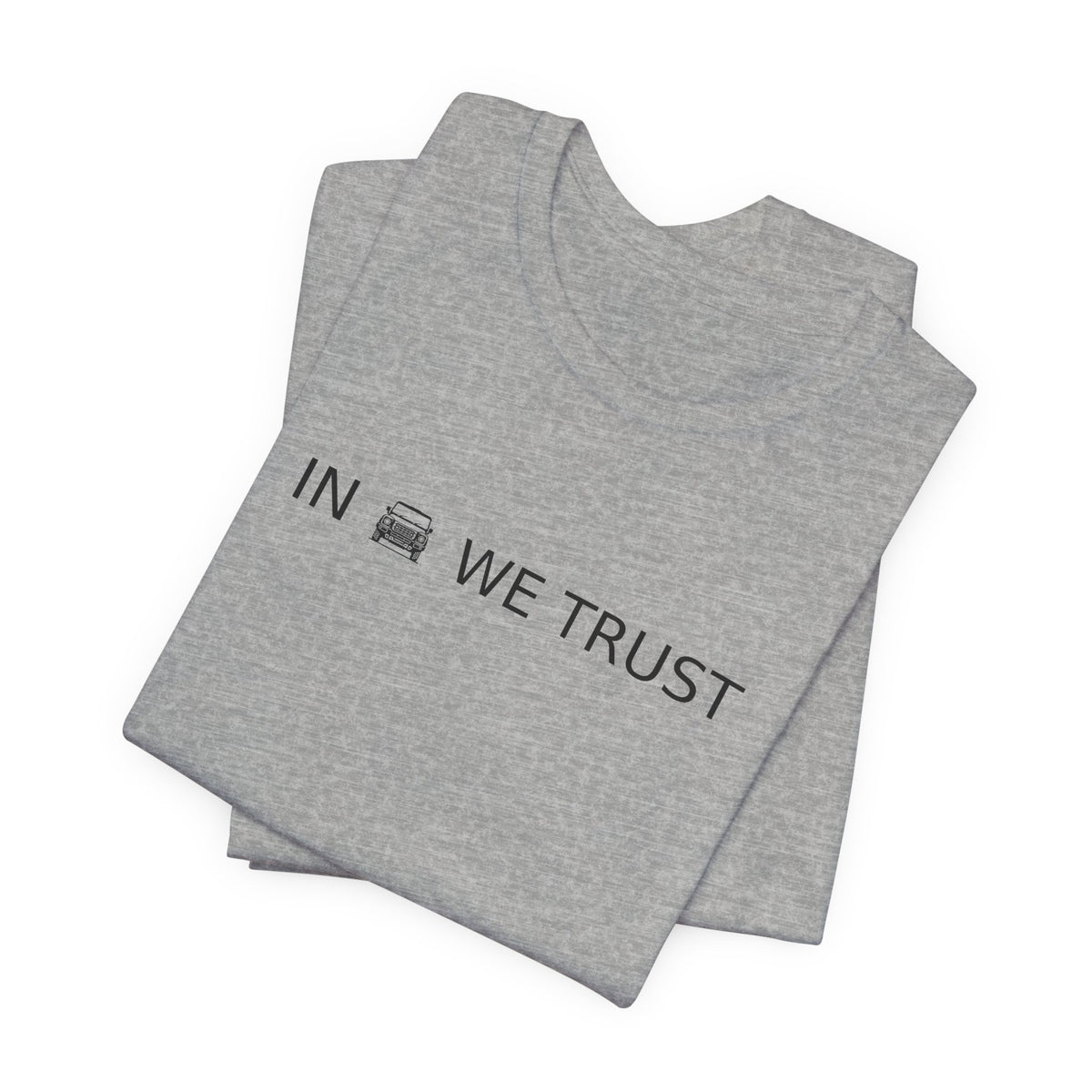 Tee with full-front IN WE TRUST lockup, front-view boxy 4x4 between the words – view 12