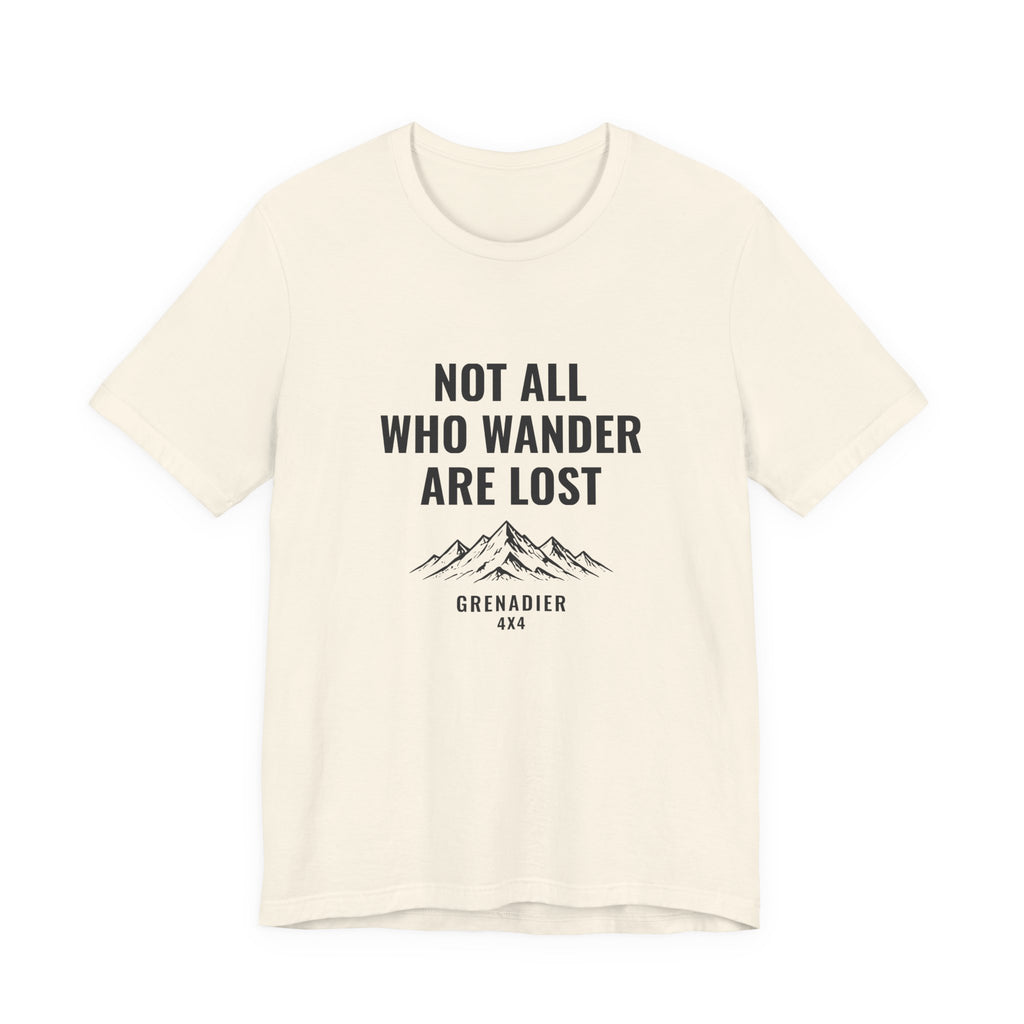 Not All Who Wander Are Lost overland tee with mountain range art, Bella+Canvas 3001 in Natural, front view