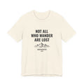 Not All Who Wander Are Lost overland tee with mountain range art, Bella+Canvas 3001 in Natural, front view