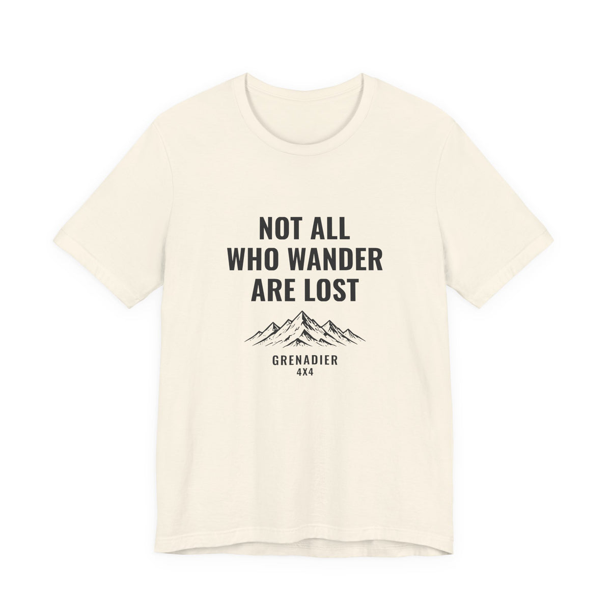 Not All Who Wander Are Lost overland tee with mountain range art, Bella+Canvas 3001 in Natural, front view