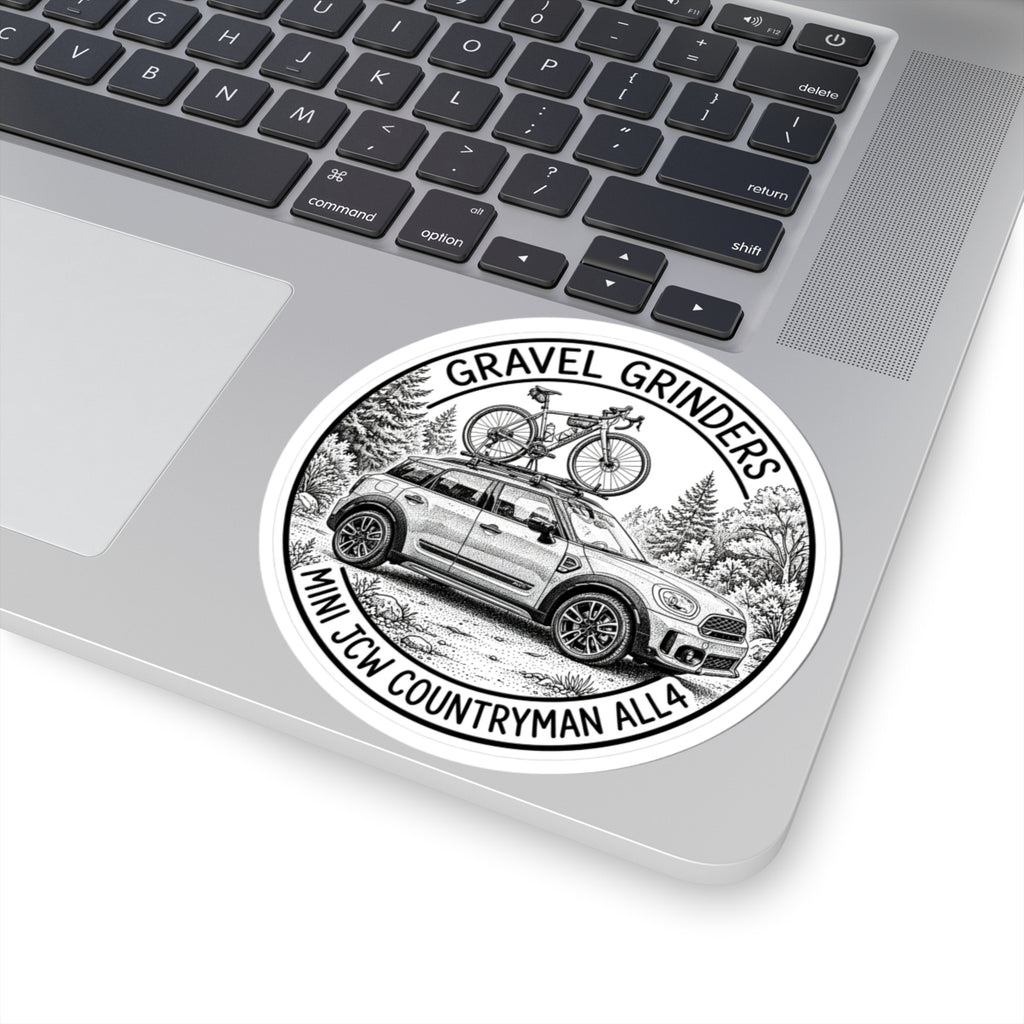 Gravel Grinders round line-art badge: compact crossover with gravel bike on roof rack among pines – view 5