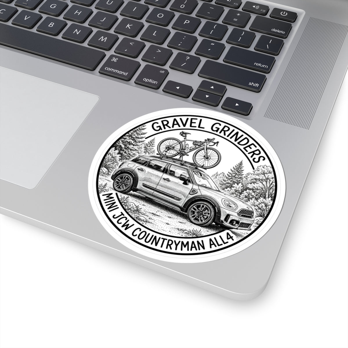 Gravel Grinders round line-art badge: compact crossover with gravel bike on roof rack among pines – view 5