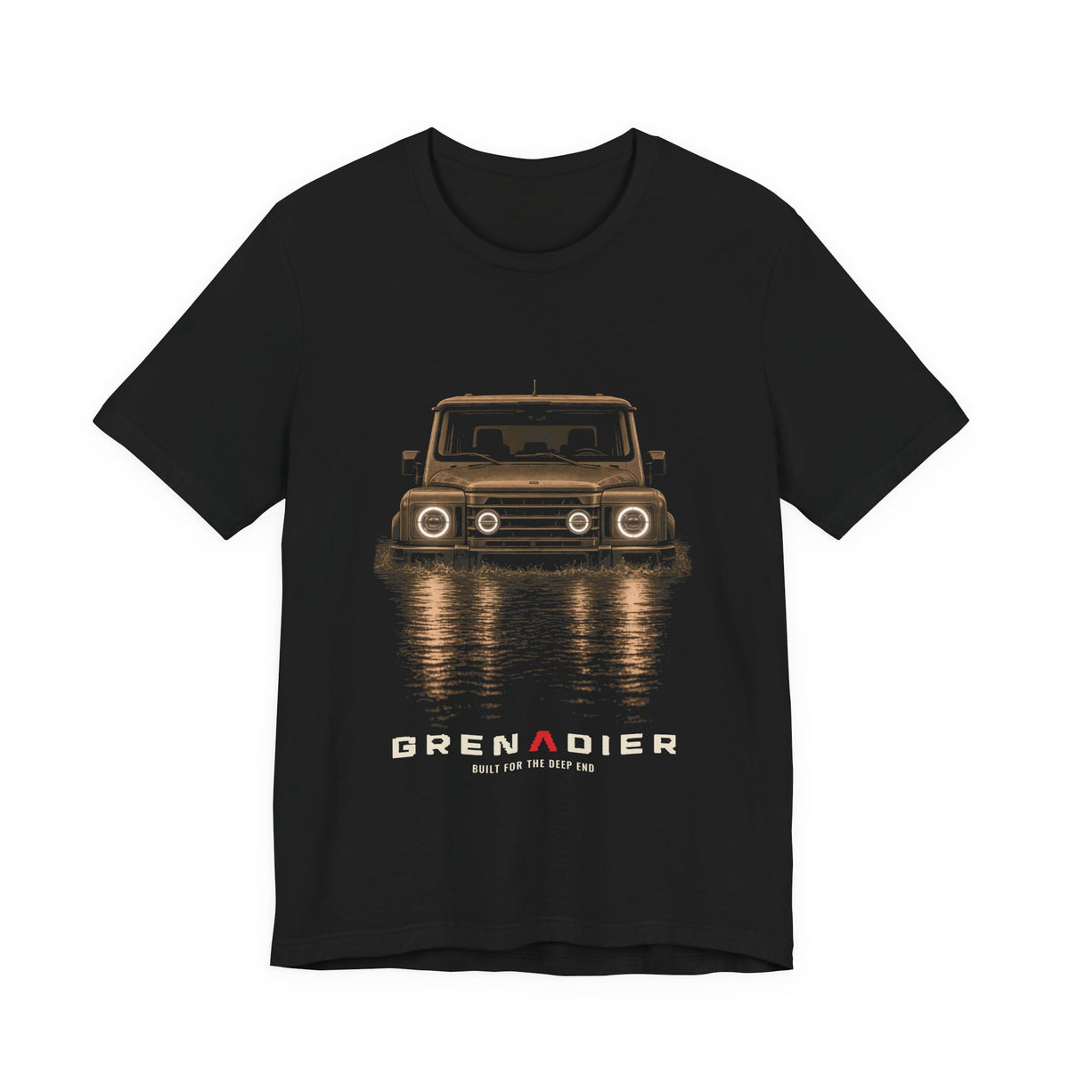 Black tee, front print: 4x4 wading dark water at night, headlights on (warm sepia tones) with BUILT FOR THE DEEP END lettering under GRENADIER wordmark, Black