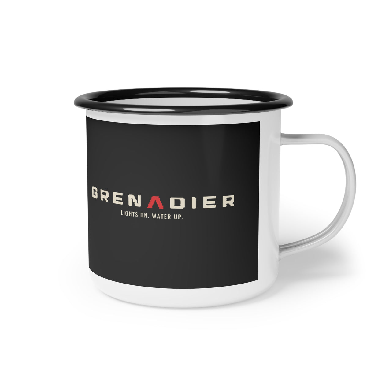 Night Wade enamel camp cup with black rim, boxy 4x4 wading at night with headlights on – view 3