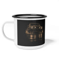 Night Wade enamel camp cup with black rim, boxy 4x4 wading at night with headlights on, Black Rim