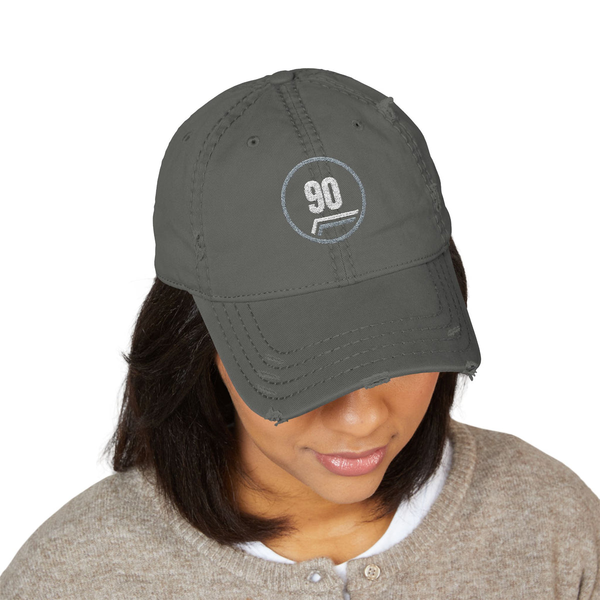Distressed charcoal grey dad cap with embroidered white 90 roundel and pinstripe flick