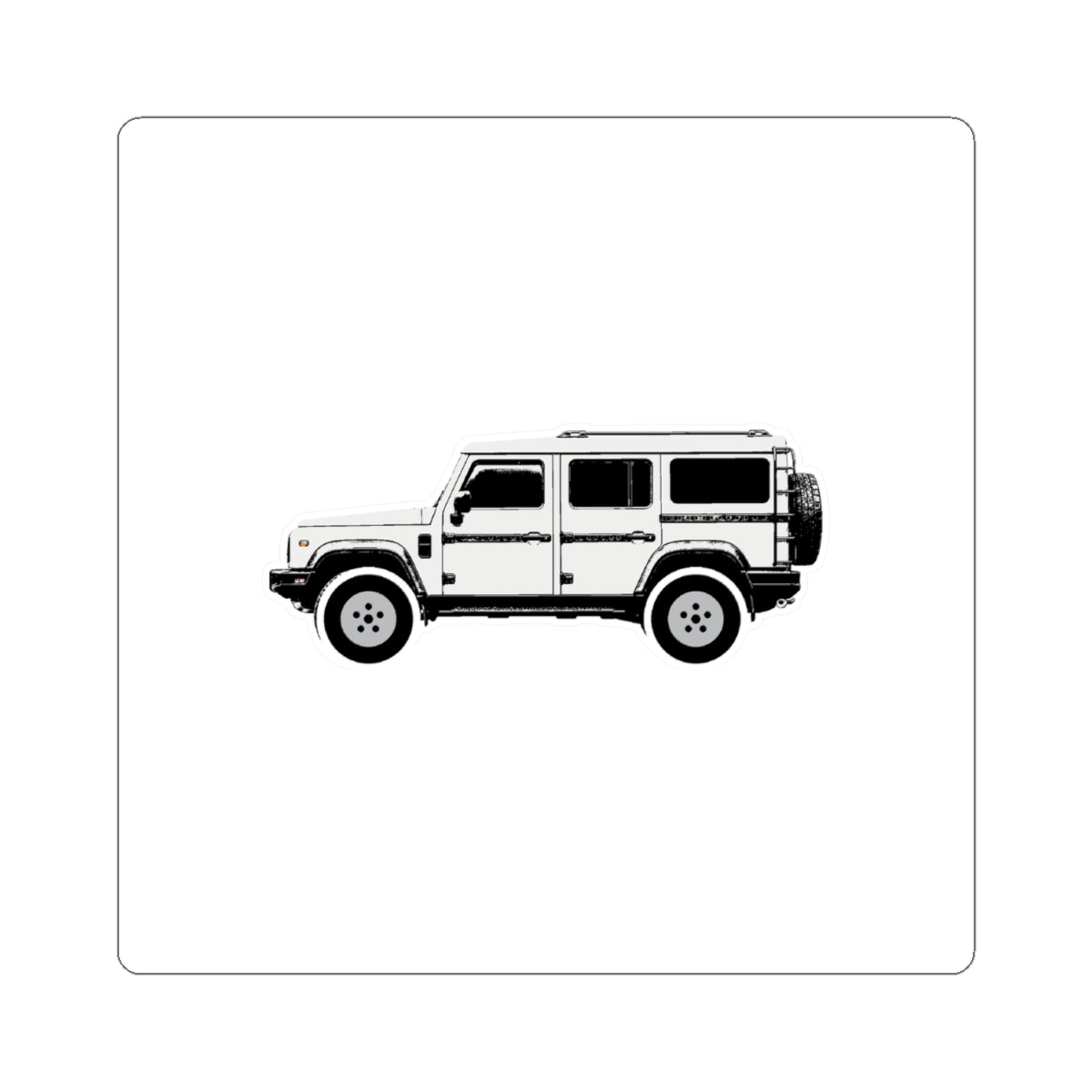 Kiss-cut sticker: Scottish White boxy 4x4 side profile on a white field