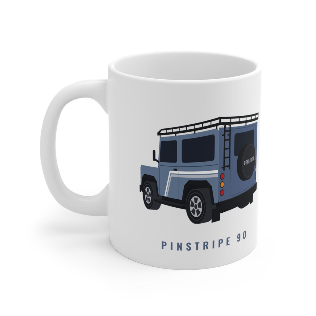 White 11 oz mug: slate-blue boxy 90 4x4 in rear three-quarter view with roof rack; PINSTRIPE 90 lettering