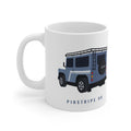 White 11 oz mug: slate-blue boxy 90 4x4 in rear three-quarter view with roof rack; PINSTRIPE 90 lettering