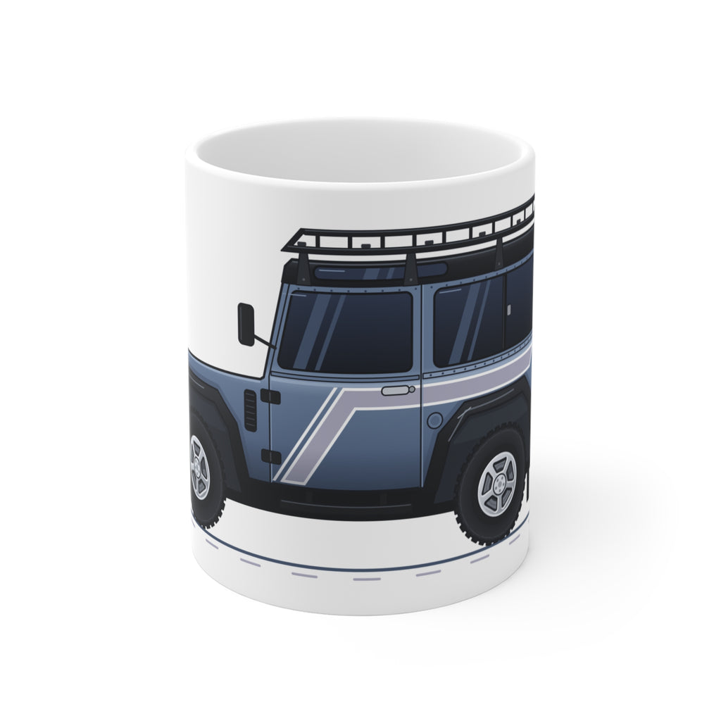 White 11 oz mug wrapped with slate-blue boxy 90 4x4 in side profile, pinstripes and roof rack