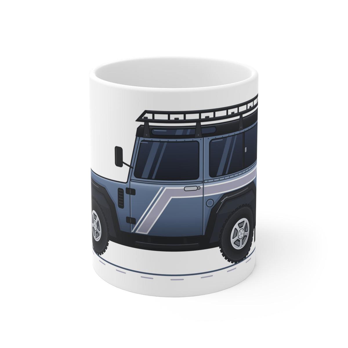 White 11 oz mug wrapped with slate-blue boxy 90 4x4 in side profile, pinstripes and roof rack