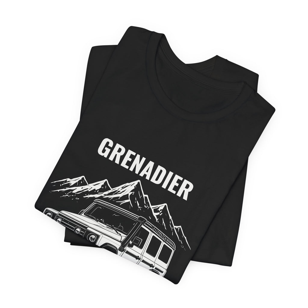 Built to Go Further tee with boxy 4x4 and mountains art, Bella+Canvas 3001 in Black, folded view