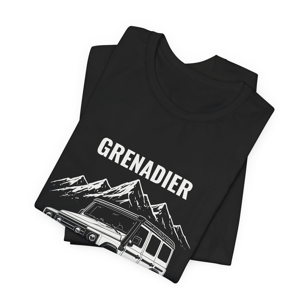 Built to Go Further tee with boxy 4x4 and mountains art, Bella+Canvas 3001 in Black, folded view