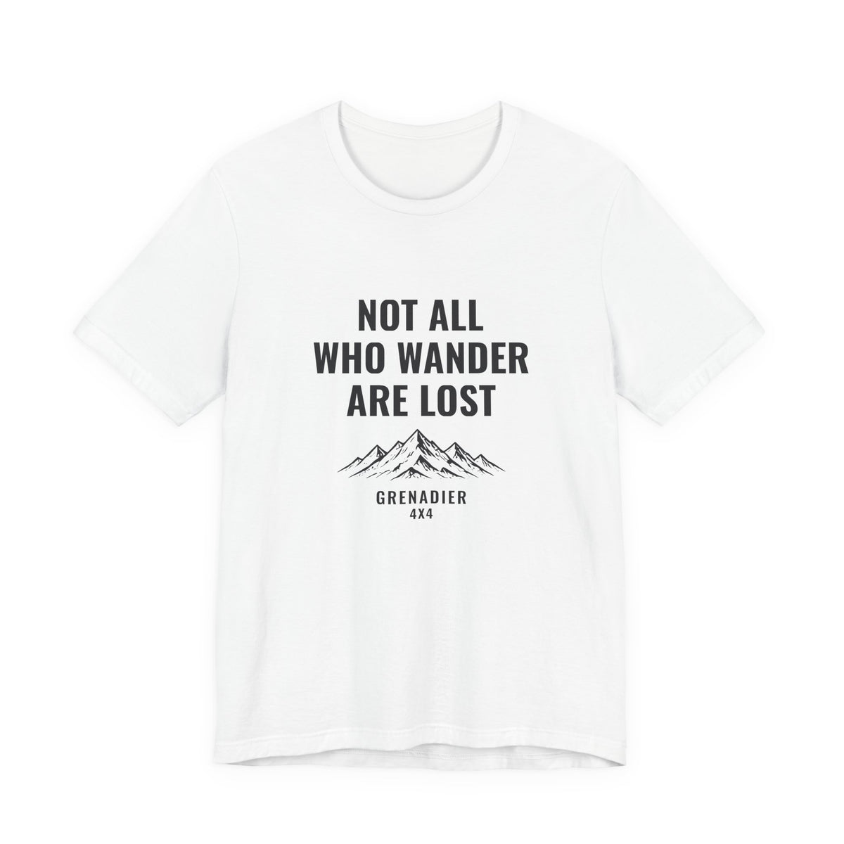Not All Who Wander Are Lost overland tee with mountain range art, Bella+Canvas 3001 in White, front view
